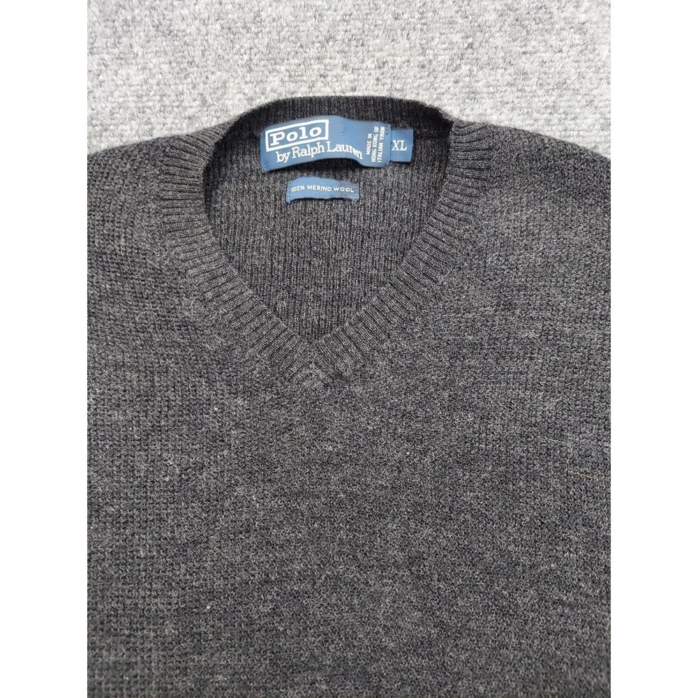 Polo Ralph Lauren Sweater‎ Mens XL Gray 100% Merino Wool V Neck Pullover Knit